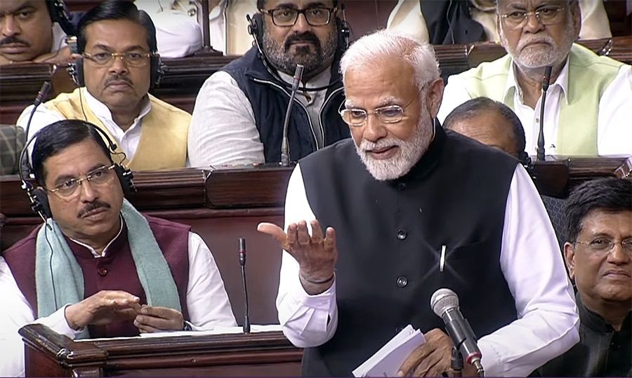 New Delhi: Prime Minister Narendra Modi speaks in Rajya Sabha during the ongoing budget session, in New Delhi on Thursday, Feb. 09, 2023. (Photo: Rajya Sabha/IANS)